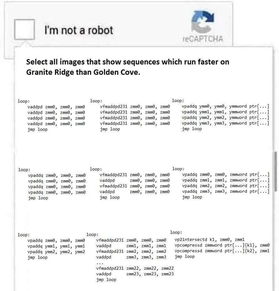 An image of a fake ReCAPTCHA question with several images of assembly code, asking the user to "Select all images that show sequences which run faster on Granite Ridge than Golden Cove."