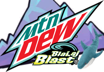 An edited Mountain Dew Baja Blast logo with the Celeste game's mountain icon as the background and a Blåhaj image, saying "Mountain Dew Blåhaj Blast"