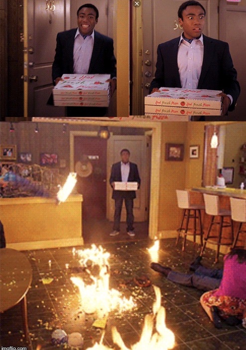 Pizza delivery to house on fire meme